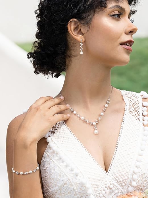 SWEETV Jewelry Set for Bride Women, Cubic Zirconia Pearl Bridal Earrings Necklace Bracelet Set, Bridal Jewelry Set for Wedding Prom