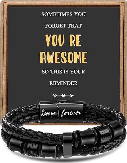 𝐆𝐢𝐟𝐭 𝐟𝐨𝐫 𝐌𝐞𝐧 Braided 𝐋𝐞𝐚𝐭𝐡𝐞𝐫 𝐁𝐫𝐚𝐜𝐞𝐥𝐞𝐭 for Men Dad Husband Boyfriend Son Grandson Brother Stainless Steel Clasp Engraved with Love You Forever Jewelry Birthday Gift 7.5 8.5 9 Inch