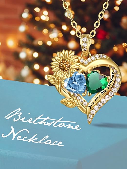 Sunflower Heart Necklace for Women 14K Gold Exquisite Anniversary Birthday Gifts for Wife Mother Her Double Birthstone Pendant jewelry‘You Are My Sunshine’