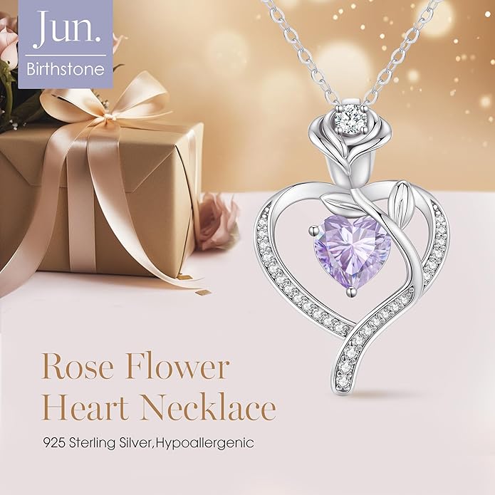 LOUISA SECRET Rose Flower Heart Birthstone Necklaces for Women, 925 Sterling Silver Fine Jewelry, Pendant Heart Necklaces Birthday Anniversary Christmas Gift for Women Wife Mom Girlfriend Lady