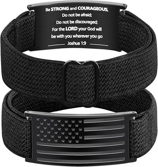 LDOWWGL Valentines Day Gifts - Patriotic American Flag Bracelet for Men - Military Adjustable Black Elastic Strap with Bible Verse - Veteran Gifts, Birthday Gift for Boys