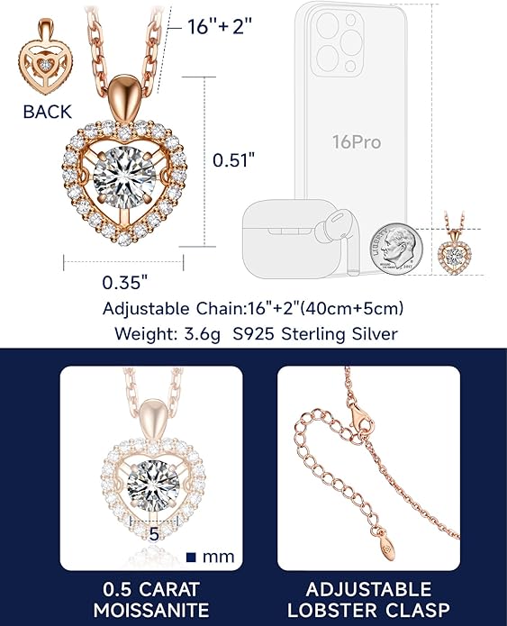 MomentWish Dancing Heart Necklace for Women, 0.5/1 Carat Dancing Moissanite Necklace for Her 925 Sterling Silver Pendant Anniversary Birthday Christmas Gift for Wife Mom Girlfriend
