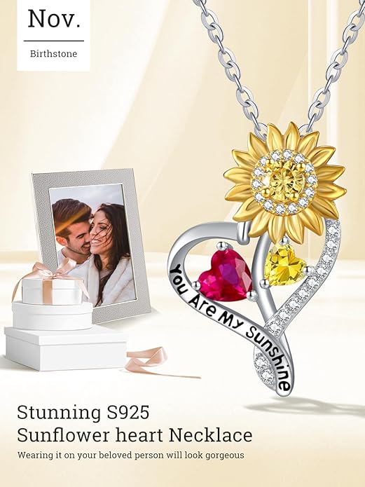 Zeuslia Double Birthstone Necklace Gifts for Wife - 925 Sterling Silver Sunflower/Rose/Crown Cross/Compass/Heart Pendant I Love You Necklace, Anniversary Birthday Gifts for Wife Girlfriend Mom Her