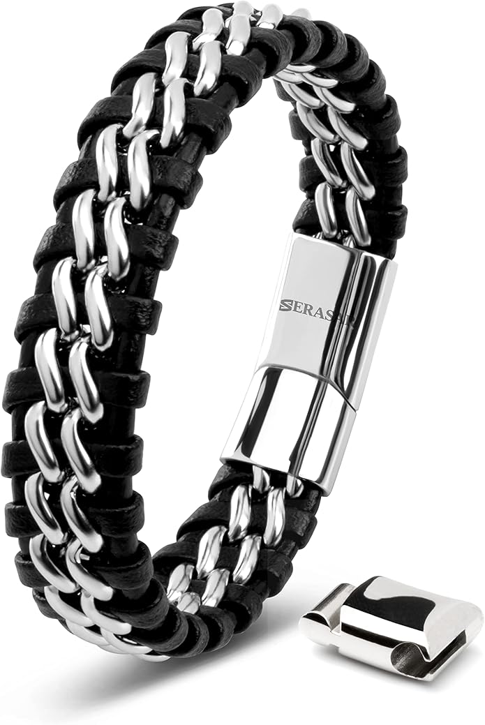 SERASAR | Premium Genuine Leather Bracelet [Steel] for Men in Black | Magnetic Stainless Steel Clasp in Black, Silver and Gold | Exclusive Jewellery Box | Great Gift Idea