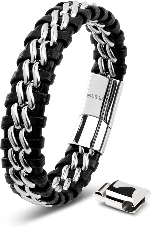SERASAR | Premium Genuine Leather Bracelet [Steel] for Men in Black | Magnetic Stainless Steel Clasp in Black, Silver and Gold | Exclusive Jewellery Box | Great Gift Idea