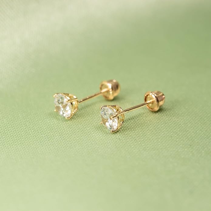 14k Gold Cubic Zirconia Stud Earrings for Women & Men (2mm-6mm Diameter) - CZ Simulated Diamond, Real Solid 14K Gold, Secure Screw Back