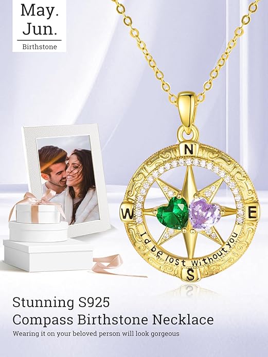 Zeuslia Double Birthstone Necklace Gifts for Wife - 925 Sterling Silver Sunflower/Rose/Crown Cross/Compass/Heart Pendant I Love You Necklace, Anniversary Birthday Gifts for Wife Girlfriend Mom Her