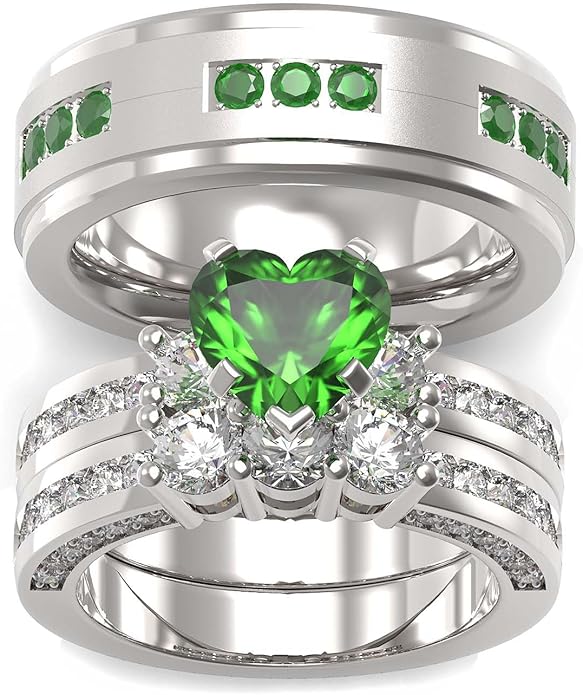 TWO RINGS Wedding Ring Sets His And Hers Promise Ring Couples Bridal Sets Women 925 Sterling Silver square Cz Man Stainless Steel Brushed Finished Wedding Bands