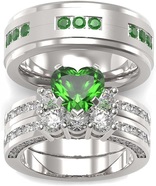 TWO RINGS Wedding Ring Sets His And Hers Promise Ring Couples Bridal Sets Women 925 Sterling Silver square Cz Man Stainless Steel Brushed Finished Wedding Bands