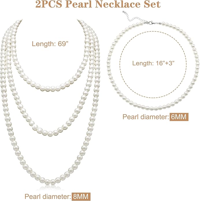 Long Pearl Necklaces for Women Cream White Faux Pearl Strand Layered Necklace Costume Jewelry