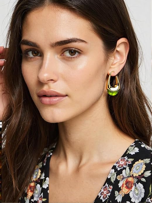 Vintage Gold Hoops Earrings for Women,Brown White Blue Pink Chunky Dangle Drop Jewelry with Resin Gemstones, Trendy Statement Earrings for Beach,Party, Vintage Gift for Travel Maximalist Jewelry