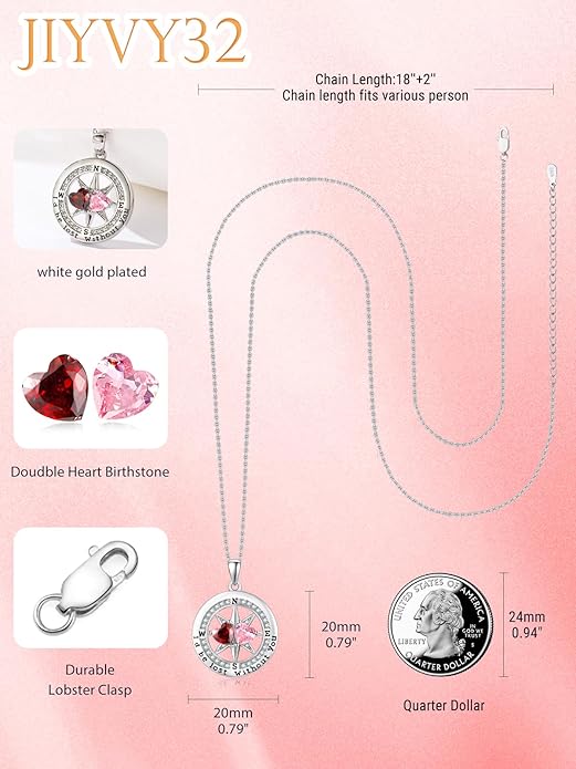 JIYVY32 Compass Birthstones Necklace for Women, Exquisite S925 Necklace Anniversary Birthday Gifts for Wife Her Double Birthstone Pendant jewelry ‘I'd be Lost Without You’