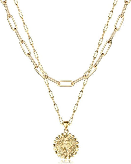 Turandoss Dainty Layered Choker Necklace, Handmade Y Pendant Necklace Multilayer Bar Disc Necklace Adjustable Layering Choker Necklaces for Women