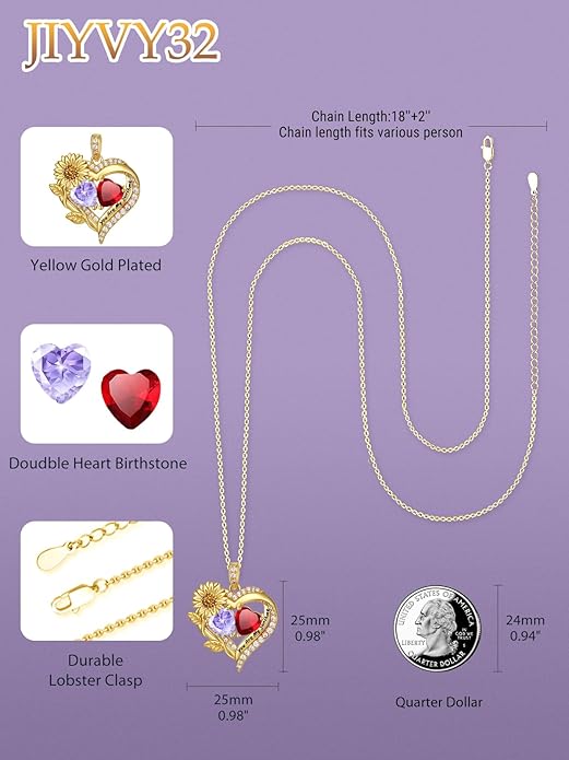 Sunflower Heart Necklace for Women 14K Gold Exquisite Anniversary Birthday Gifts for Wife Mother Her Double Birthstone Pendant jewelry‘You Are My Sunshine’