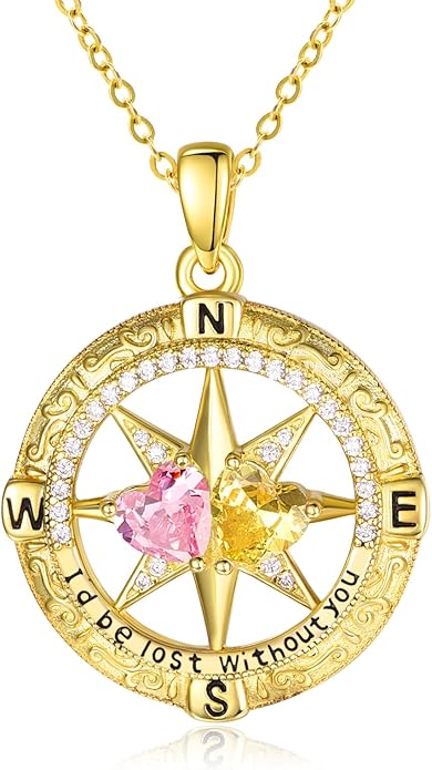 Zeuslia Double Birthstone Necklace Gifts for Wife - 925 Sterling Silver Sunflower/Rose/Crown Cross/Compass/Heart Pendant I Love You Necklace, Anniversary Birthday Gifts for Wife Girlfriend Mom Her