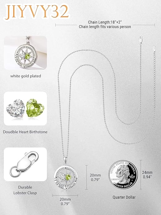 Compass Birthstones Necklace for Women, Exquisite Anniversary Birthday Gifts for Wife Her Double Birthstone Pendant jewelry ‘I'd be Lost Without You’