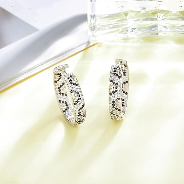 Rose Gold Hoop Earrings for Women, 925 Silver-Plated Thickened Hypoallergenic Earrings, CZ Black Gemstone-Inlaid Earrings - Women's Fashion Jewelry