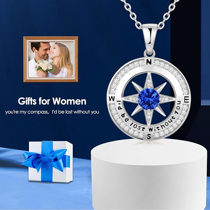 Zifeel Compass Necklace Gifts for Women wife - S925 Sterling Silver Birthstone Necklaces for Women - Anniversary Birthday Gifts for Her Wife Girlfriend - Valentines Mom Mothers Day Christmas Gifts Jewelry for Women