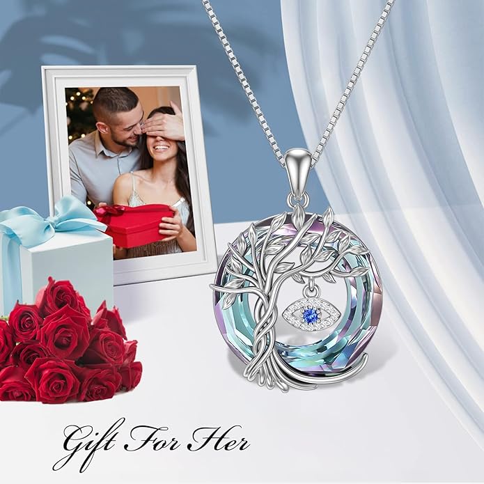 TOUPOP Evil Eye Necklace 925 Sterling Silver Tree of Life Circle Crystal Pendant Necklace Protection Jewelry Amulet Christmas Gifts for Women Her