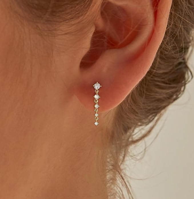 Gold Earrings for Women,Dainty 14k Gold Plated Pearl Drop Earring Dangle Pearl Dangling Earrings for Women Trendy Small Cute Wedding CZ Earring Long Chain Threader Prom Jewelry Gifts