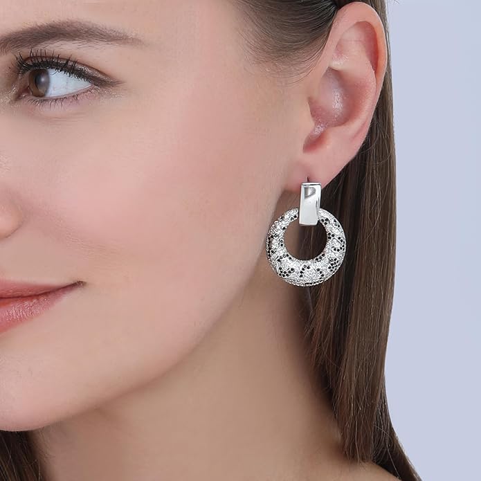 Rose Gold Hoop Earrings for Women, 925 Silver-Plated Thickened Hypoallergenic Earrings, CZ Black Gemstone-Inlaid Earrings - Women's Fashion Jewelry