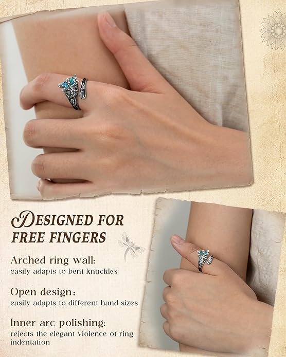 S925-Sterling-Silver Abalone Dragonfly-Turquoise Spoon Ring - Vintage Boho Sunflower Thumb Oxidized Wrap Rings Victorian Style Antique Floral Jewelry Gifts for Women