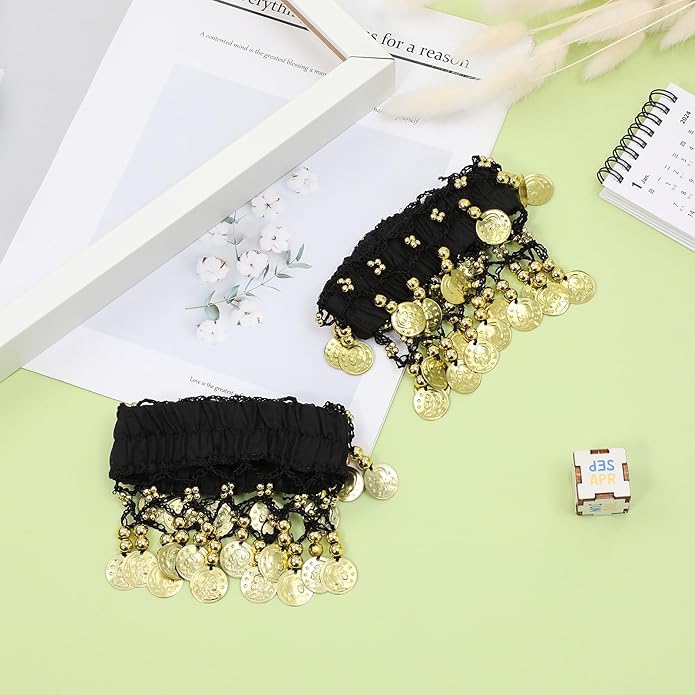 Belly Wrist Arm Bracelet - 2pcs Belly Ankle Bracelets with Coins Jewelry Anklet Chiffon Cuff Wrist Ankle Cuffs Costume Accessories