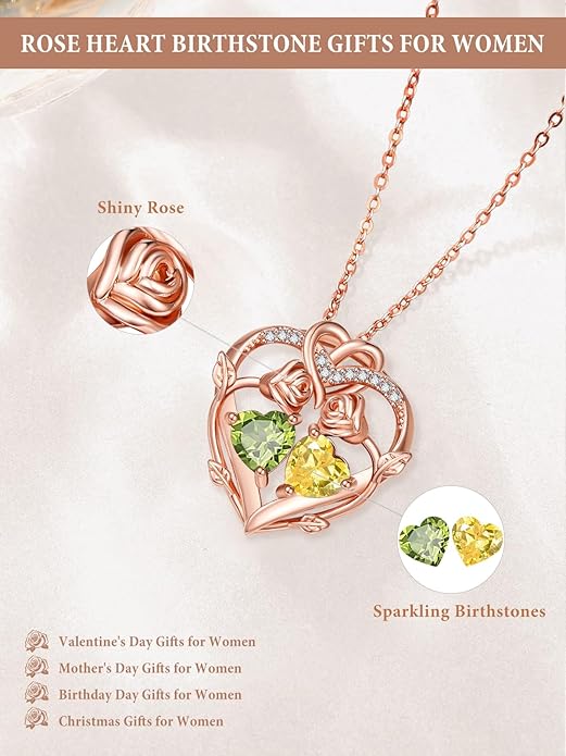 Rose Gold Necklaces for Women Double Birthstone Rose Flower Heart Pendant Necklace Jewelry Anniversary Christmas Valentine's Mother's Day Birthday Gift for Wife Mom Her Girlfriend Sister