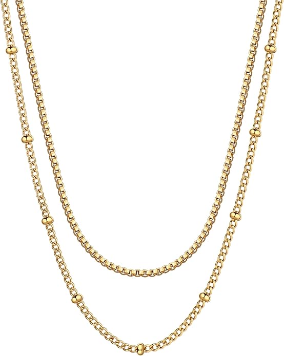 AILPIWE Layered Gold Necklaces for Women, 18K Gold Plated Dainty Paperclip Box Cuban Satellite Chain Necklace Set, Simple Gold Necklace Stack for Women
