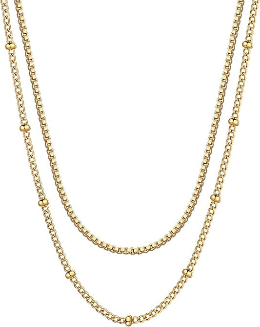 AILPIWE Layered Gold Necklaces for Women, 18K Gold Plated Dainty Paperclip Box Cuban Satellite Chain Necklace Set, Simple Gold Necklace Stack for Women