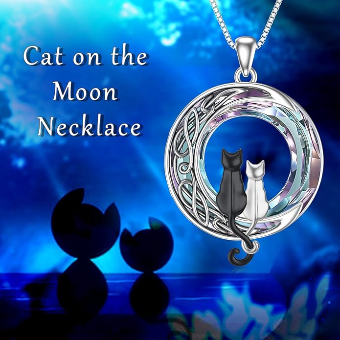 TOUPOP Christmas Cat Gifts for Cats Lovers One Two Three Four Cats Necklace Sterling Silver Cats on the Moon Pendant Necklace with Blue Circle Crystal Birthday Christmas Celtic Jewelry Gifts for Women