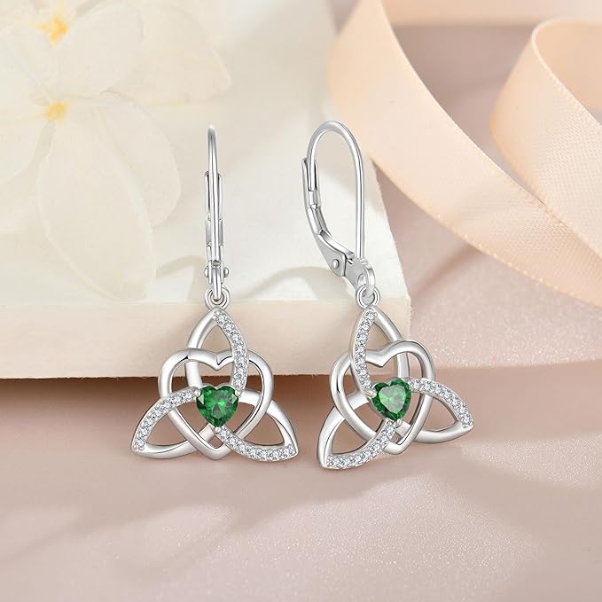 Trinity Knot Necklace Earrings 925 Sterling Silver Celtic Love Heart Knot Pendant Emerald Birthstone May Jewelry Set for Women