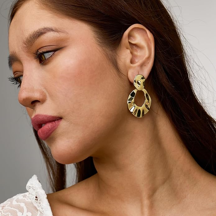 Hefanny Large Hammered Teardrop Dangle Earrings Geometric Chunky Flower Earrings Women's Trendy Statement Jewelry Multiple Styles