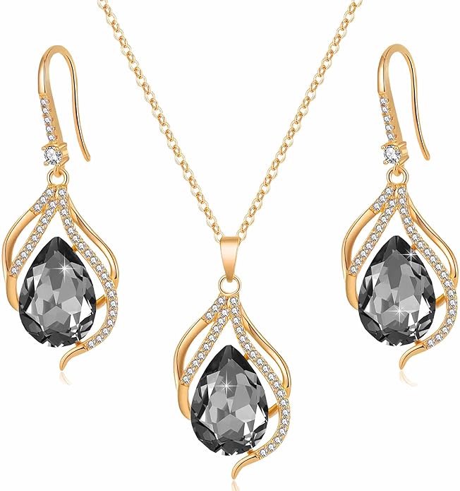 EVEVIC Austrian Crystals Teardrop Hollow Twisted Pendant Necklace Earrings for Women 14K Gold Plated Halo Drop Dangle Earrings Hypoallergenic Jewelry Set