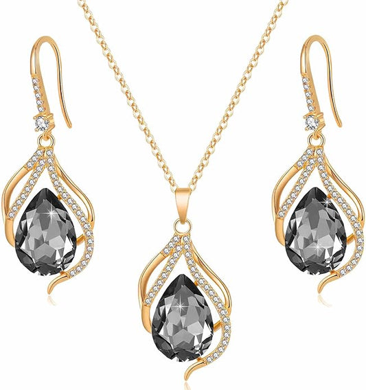 EVEVIC Austrian Crystals Teardrop Hollow Twisted Pendant Necklace Earrings for Women 14K Gold Plated Halo Drop Dangle Earrings Hypoallergenic Jewelry Set
