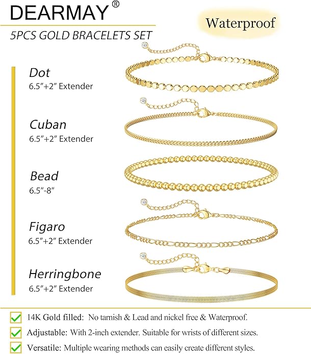 DEARMAY 14K Gold Plated Bracelets for Women Waterproof, Jewelry Sets Trendy Thin Dainty Stackable Cuban Link Paperclip Chain Bracelet Pack Fashion Accessories Gifts for Womens
