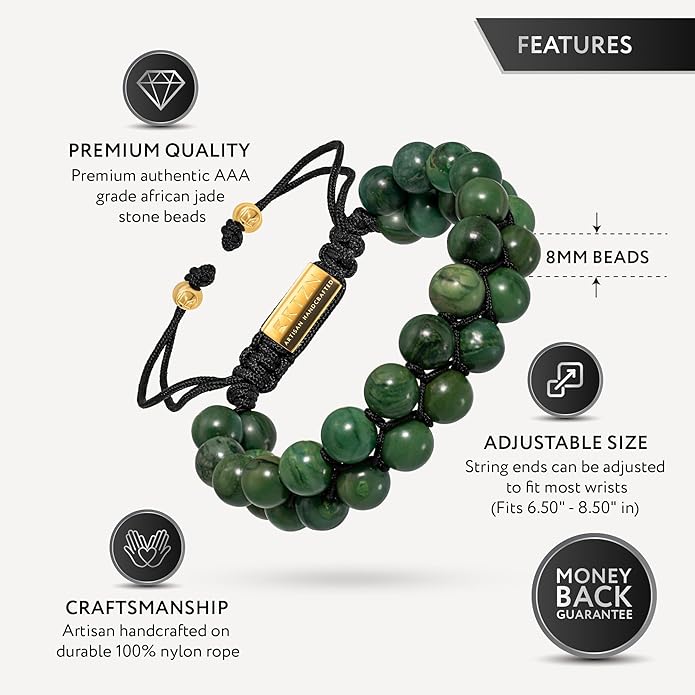 RTZN Jade Bracelet for Men – Premium Artisan Handcrafted Authentic Dark Green Jade Bracelet – 8MM Beaded Stone Mens Jade Bracelets