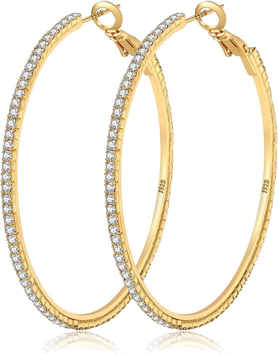 925 Sterling Silver Earrings Large Rhinestone Hoop Earrings Big Cubic Zirconia Hoop Earrings Thin Rhinestones Round Hoop Earrings for Women 20/30/40/50/60/70mm Sparkly Hoops With Crystals for Womens