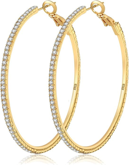 925 Sterling Silver Earrings Large Rhinestone Hoop Earrings Big Cubic Zirconia Hoop Earrings Thin Rhinestones Round Hoop Earrings for Women 20/30/40/50/60/70mm Sparkly Hoops With Crystals for Womens
