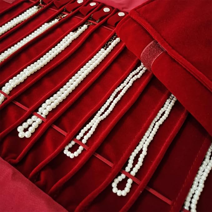 SCIKHEFT Portable Jewelry Roll Untangled Secure Necklace Travel Storage Bag Displays Holder 16 Chain (Burgundy)