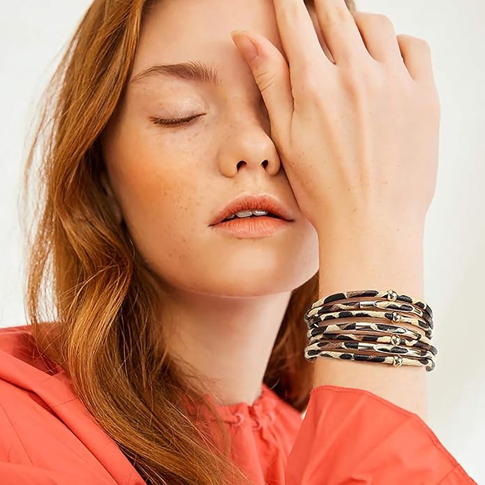 Fesciory Leather Wrap Bracelets for Women, Boho Leopard Multi-Layer Crystal Beads Cuff Bracelet Jewelry