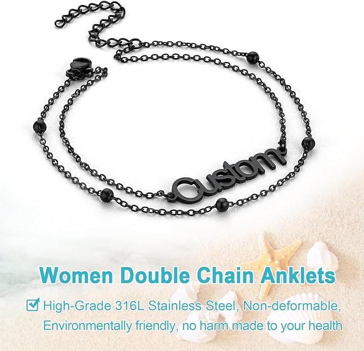U7 Custom Layered Ankle Bracelets for Women Stainless Steel Bead/Cuban/Figaro/Rope/Wheat Chain Anklet Waterproof Anklet Jewelry for Beach Vacation