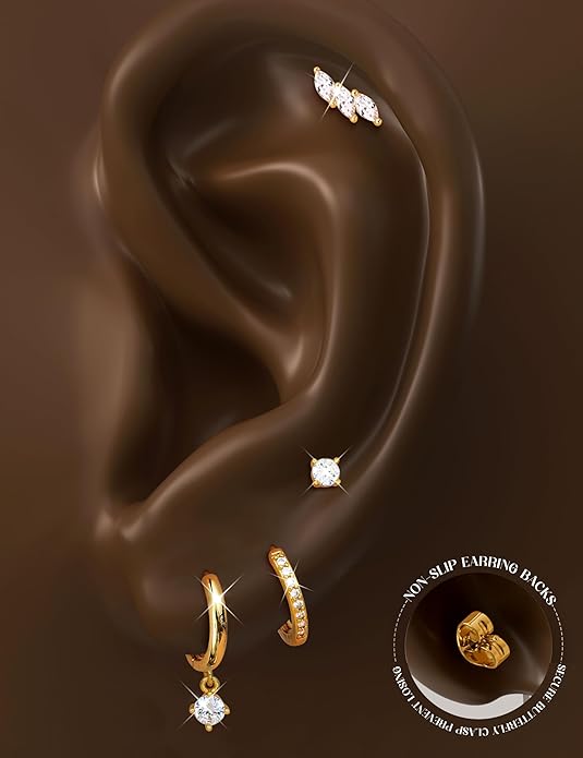 Florideco 925 Sterling Silver Earrings for Women Trendy Hypoallergenic Small Gold Hoop Earrings 14K Gold Plated Stud Earring Sets for Multiple Piercing CZ Ear Cuff Cartilage Earring Stacks