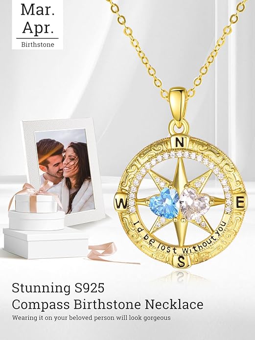 Zeuslia Double Birthstone Necklace Gifts for Wife - 925 Sterling Silver Sunflower/Rose/Crown Cross/Compass/Heart Pendant I Love You Necklace, Anniversary Birthday Gifts for Wife Girlfriend Mom Her
