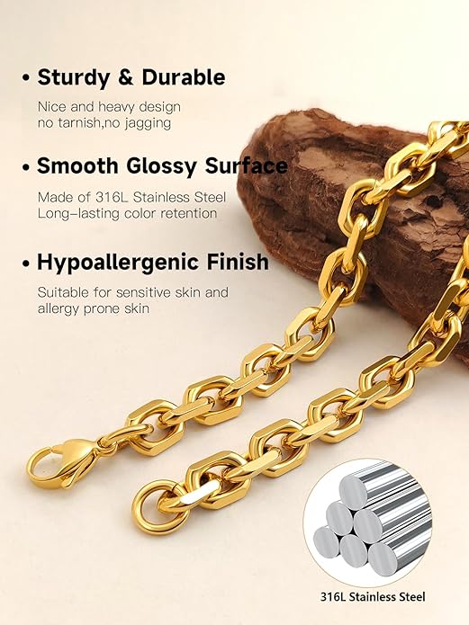 Hoyazvet Cable Chain Stainless Steel Necklace for Men Women, 3/5/8/10/13MM Width, 18K Gold Plated/Black Metal/316L Stainless Steel Sturdy Rolo Link Chain Necklace, 18-30inch Length