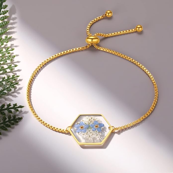 Forget-Me-Not Pressed Wildflower Bracelet | Pressed Flower Bracelet | Gold/Silver Pressed Flower Jewelry | Personalized Handmade Jewelry | Gift For Women