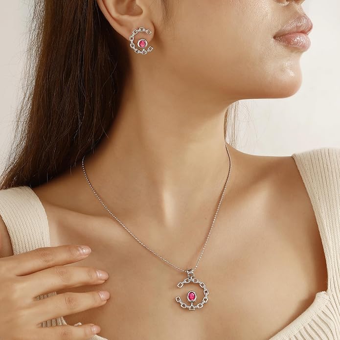 Ydou Elegant C-Shaped Crystal Necklaces/Stud Earrings Set with Birthstone Jewelry Set Silver Plated Fashion Jewelry for Women CS0003