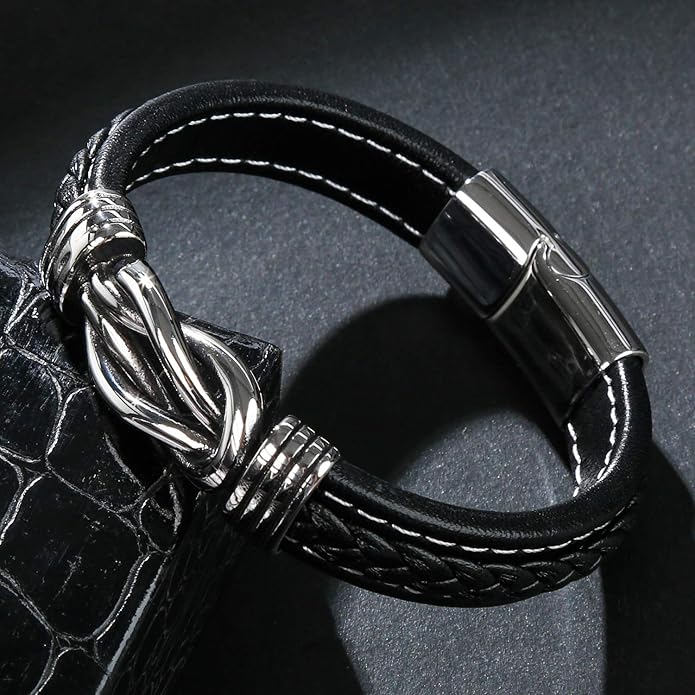 Mens Leather Bracelet,Braided Leather Wristband Cuff Bracelets Stainless Steel Clasp,Jewellery Gift for Men
