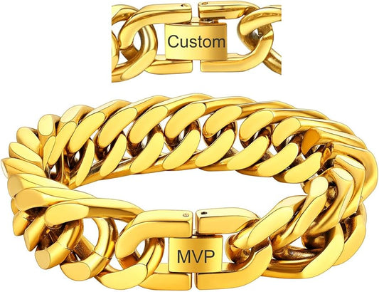 ChainsHouse Stainless Steel Cuban Link Bracelet, 8mm/12mm/17mm Width, 7.5"/8.3"/9", 18K Gold Plated Chain Wrist Bracelets for Men Women, Send Gift Box