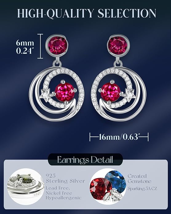FANCIME Dangle Drop Earrings 925 Sterling Silver Moon Star Round Gemstone Birthstone Jewelry Birthday Christmas Gifts for Her Women